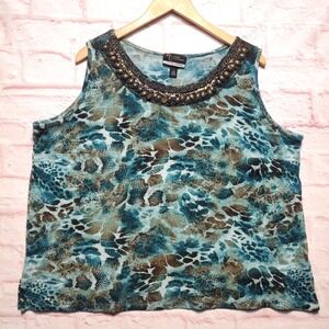 Catherines Added Dimensions Tank Top Womens 2X Teal Blue Brown Beaded Metallic